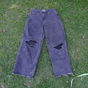 Lee Cooper Wide Leg Distressed Jeans Ripped Knee Frayed Hem‎ Jet Black 30 Y2k